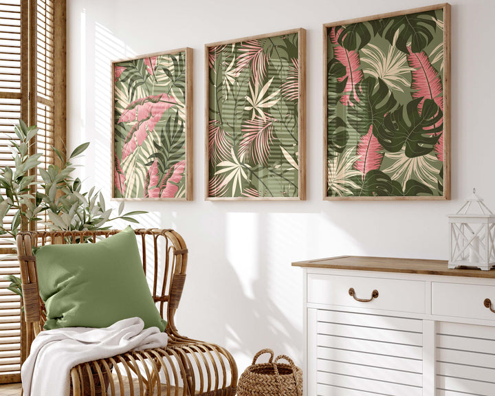 Set of 3 Tropical Leaf Prints, Botanical Monstera Leaves Wall Art, Modern Abstract House Plant Prints, Banana Leaf Poster, Living Room Decor