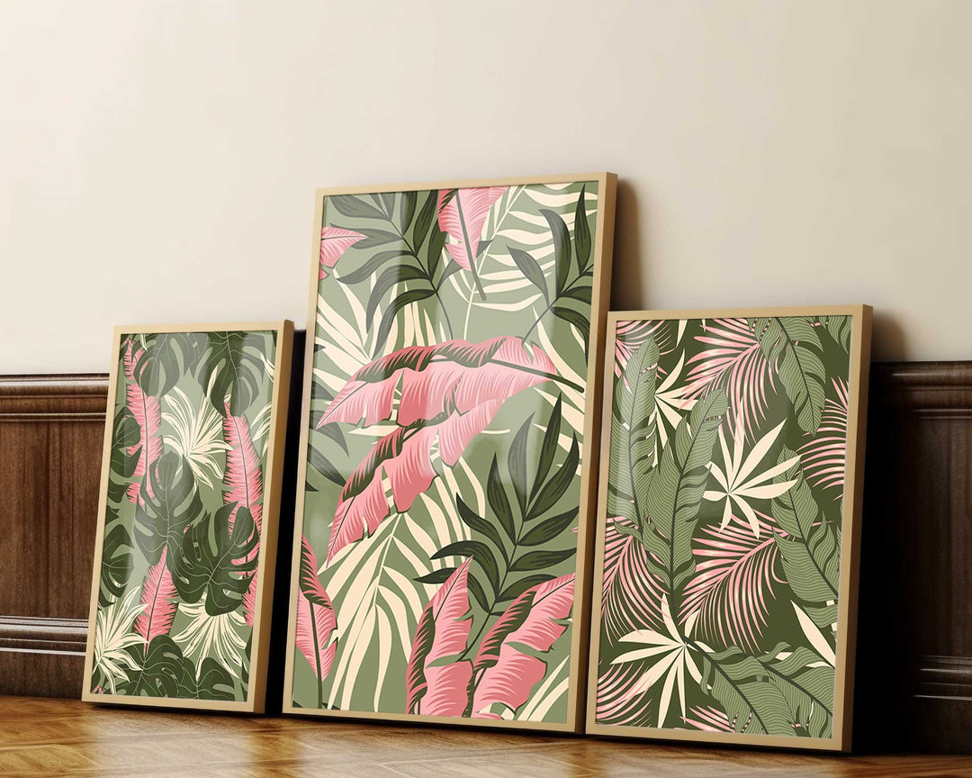 Set of 3 Tropical Leaf Prints, Botanical Monstera Leaves Wall Art, Modern Abstract House Plant Prints, Banana Leaf Poster, Living Room Decor