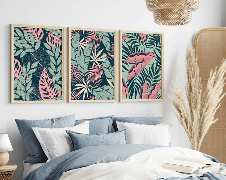 Set of 3 Tropical Leaf Prints, Botanical Monstera Leaves Wall Art, Modern Abstract House Plant Prints, Banana Leaf Poster, Living Room Decor