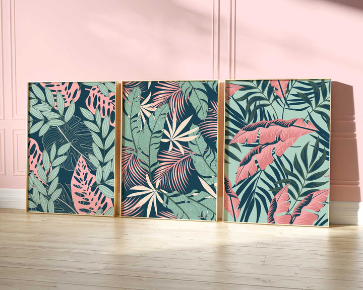 Set of 3 Tropical Leaf Prints, Botanical Monstera Leaves Wall Art, Modern Abstract House Plant Prints, Banana Leaf Poster, Living Room Decor
