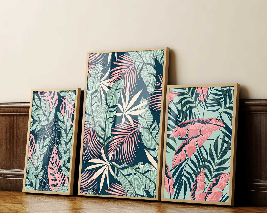 Set of 3 Tropical Leaf Prints, Botanical Monstera Leaves Wall Art, Modern Abstract House Plant Prints, Banana Leaf Poster, Living Room Decor