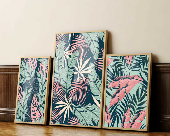 Set of 3 Tropical Leaf Prints, Botanical Monstera Leaves Wall Art, Modern Abstract House Plant Prints, Banana Leaf Poster, Living Room Decor