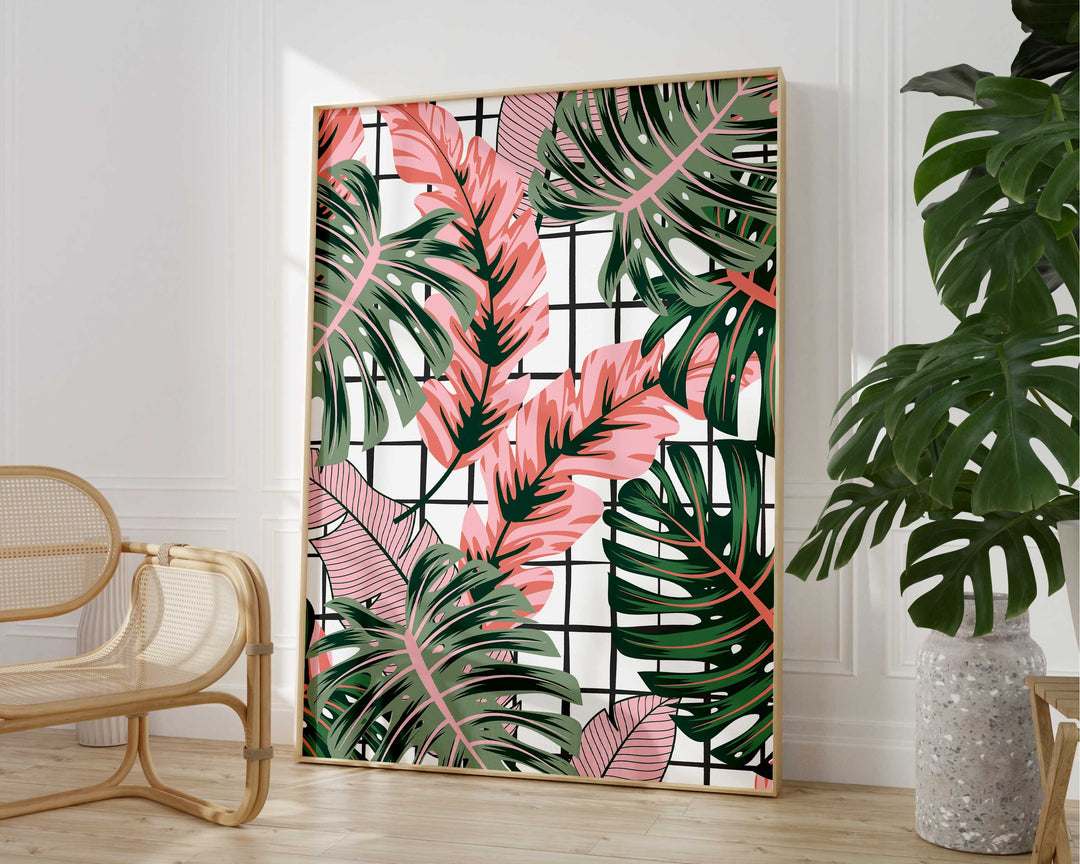 Abstract Tropical Leaves Wall Art, Pink Rainforest Botanical Print, Monstera Leaf House Plant Bathroom Decor, Above Bed Gallery Wall Art
