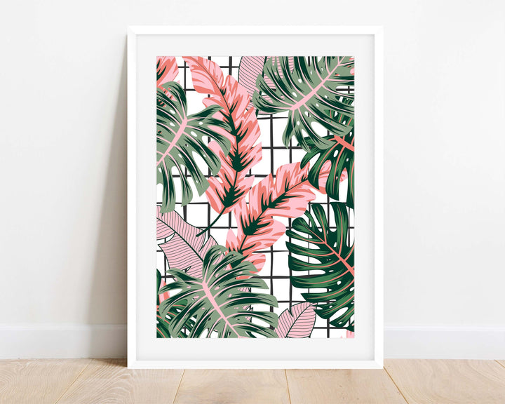 Abstract Tropical Leaves Wall Art, Pink Rainforest Botanical Print, Monstera Leaf House Plant Bathroom Decor, Above Bed Gallery Wall Art