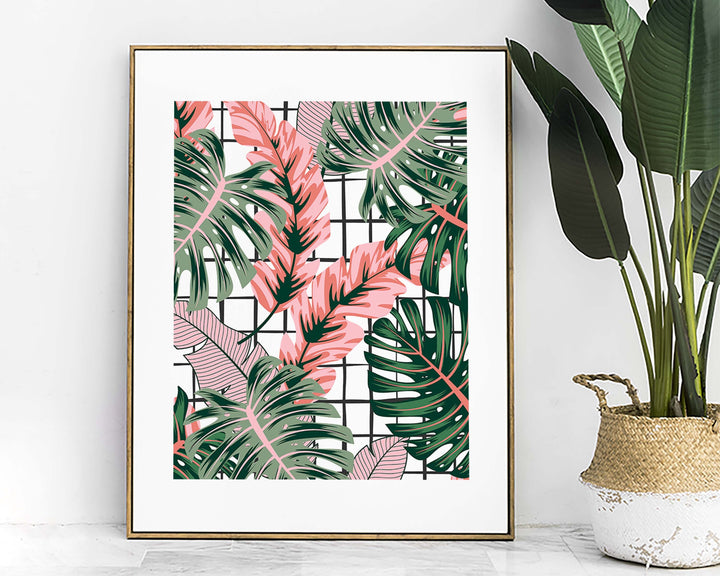 Abstract Tropical Leaves Wall Art, Pink Rainforest Botanical Print, Monstera Leaf House Plant Bathroom Decor, Above Bed Gallery Wall Art