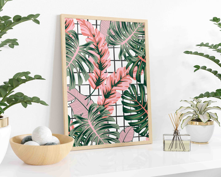 Abstract Tropical Leaves Wall Art, Pink Rainforest Botanical Print, Monstera Leaf House Plant Bathroom Decor, Above Bed Gallery Wall Art