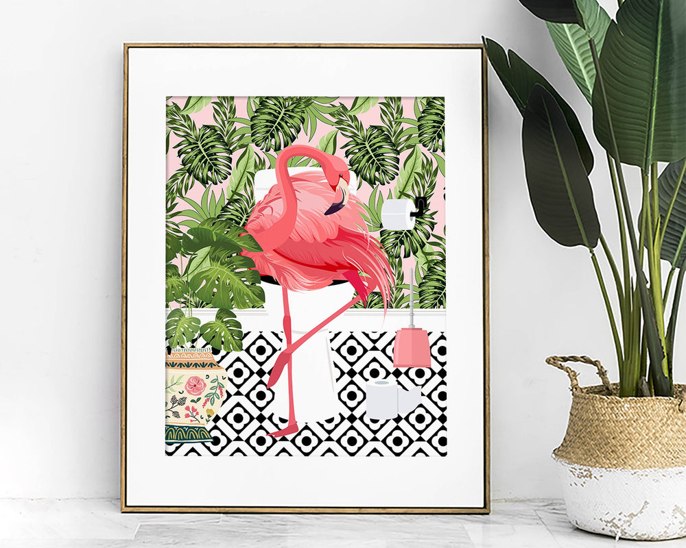 Pink Flamingo on Toilet Bathroom Print, Animal on Toilet Cloakroom Wall Art, Tropical Botanical Fun Bathroom Decor, Maximalist Toilet Art