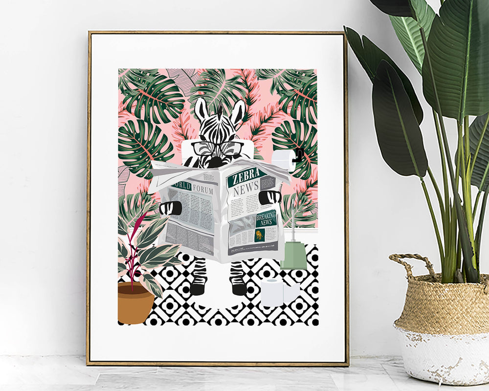 Zebra on Toilet Bathroom Print, Animal on Toilet Cloakroom Wall Art, Tropical Pink Botanical Funny Bathroom Decor, Animal Reading Newspaper