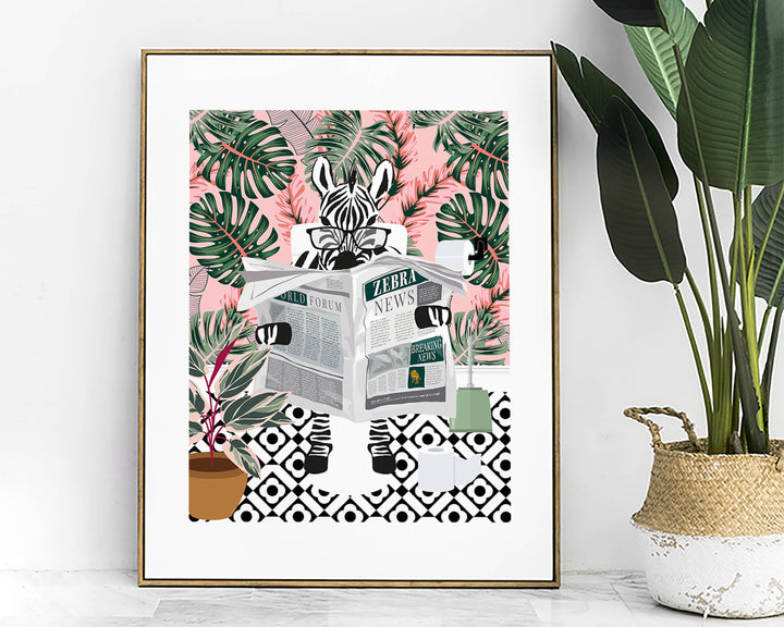 Zebra on Toilet Bathroom Print, Animal on Toilet Cloakroom Wall Art, Tropical Pink Botanical Funny Bathroom Decor, Animal Reading Newspaper