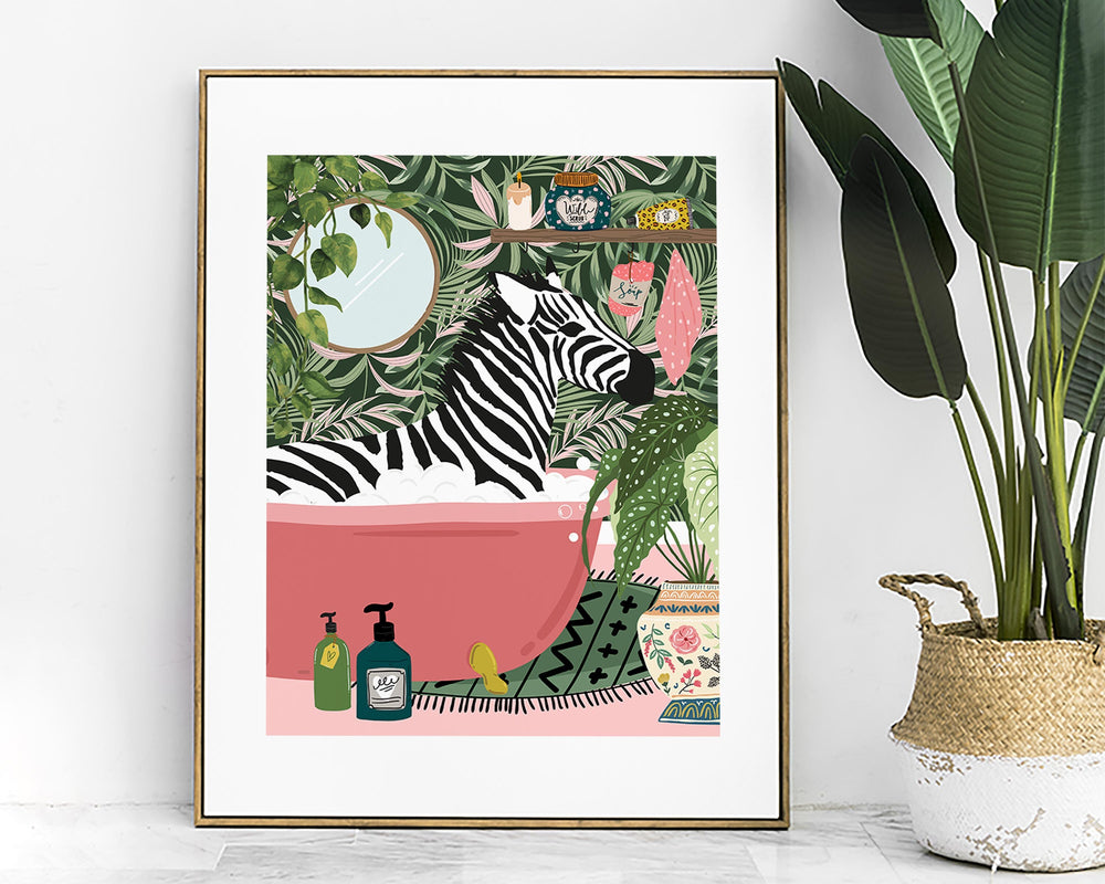 Zebra in Bathtub Boho Bathroom Print, Maximalist Animal in Bath Wall Art, Tropical Botanical Bathroom Print, Eclectic Bathroom Wall Decor
