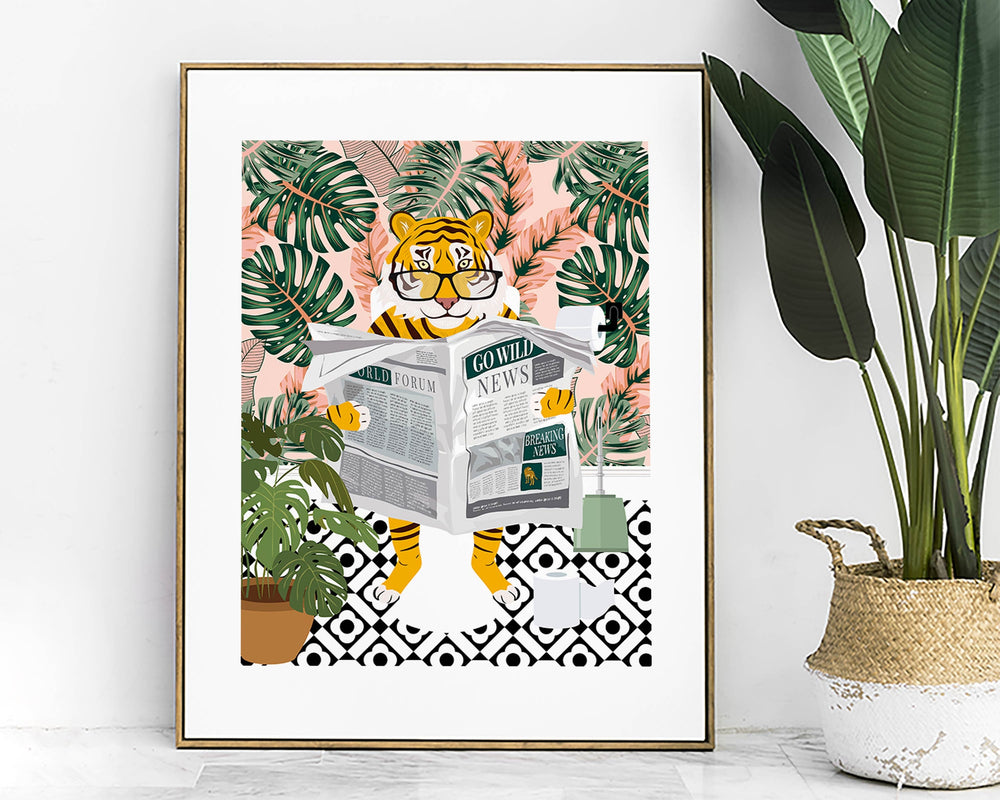 Tiger on Toilet Bathroom Print, Animal on Toilet Funny Bathroom Wall Art, Colourful Botanical Bathroom Art Poster, Maximalist Bathroom Decor