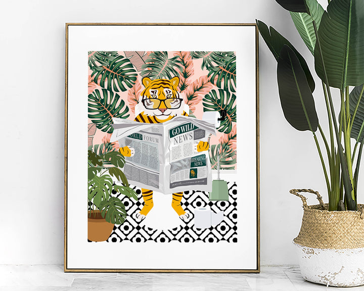 Tiger on Toilet Bathroom Print, Animal on Toilet Funny Bathroom Wall Art, Colourful Botanical Bathroom Art Poster, Maximalist Bathroom Decor