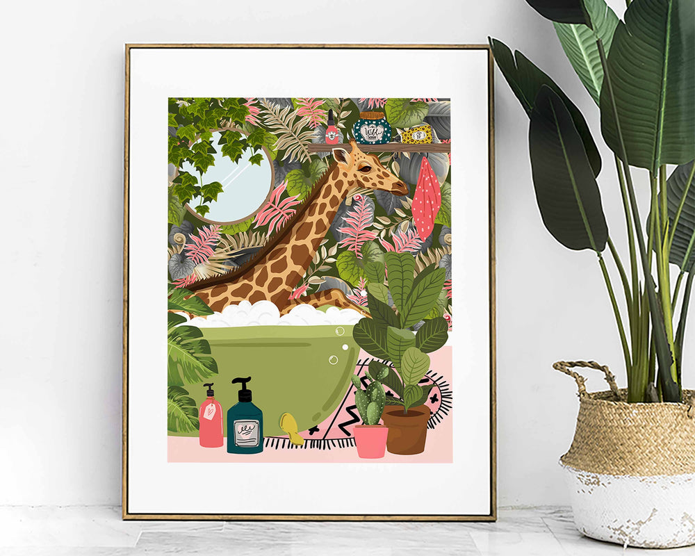 Giraffe Bathroom Wall Art, Funny Animal Bathroom Print, Toilet Art Decor, Kids Bathroom Decor, Maximalist Wall Art, Tropical Bathroom Poster