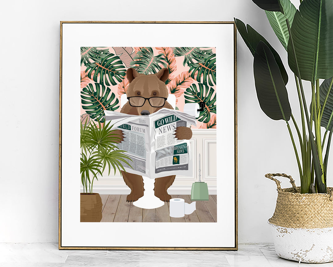 Bear on Toilet Bathroom Wall Art, Animal on Toilet Tropical Bathroom Print, Botanical Bathroom Wall Decor, Colourful Jungle Bathroom Prints