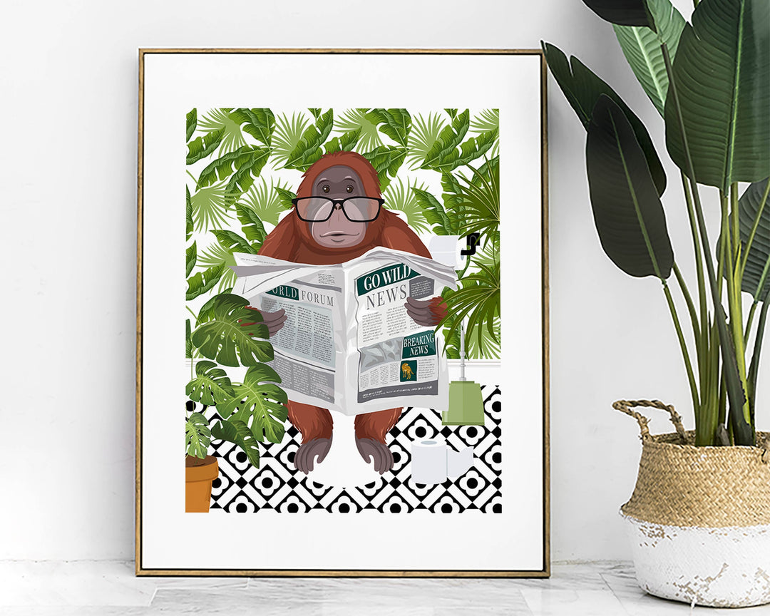 Orangutan on Toilet Bathroom Print, Animal on Toilet Fun Bathroom Wall Art, Botanical Boho Bathroom Jungle Art Decor, Cloakroom Toilet Art