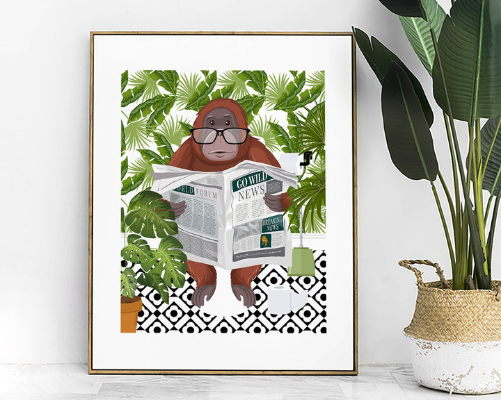 Orangutan on Toilet Bathroom Print, Animal on Toilet Fun Bathroom Wall Art, Botanical Boho Bathroom Jungle Art Decor, Cloakroom Toilet Art