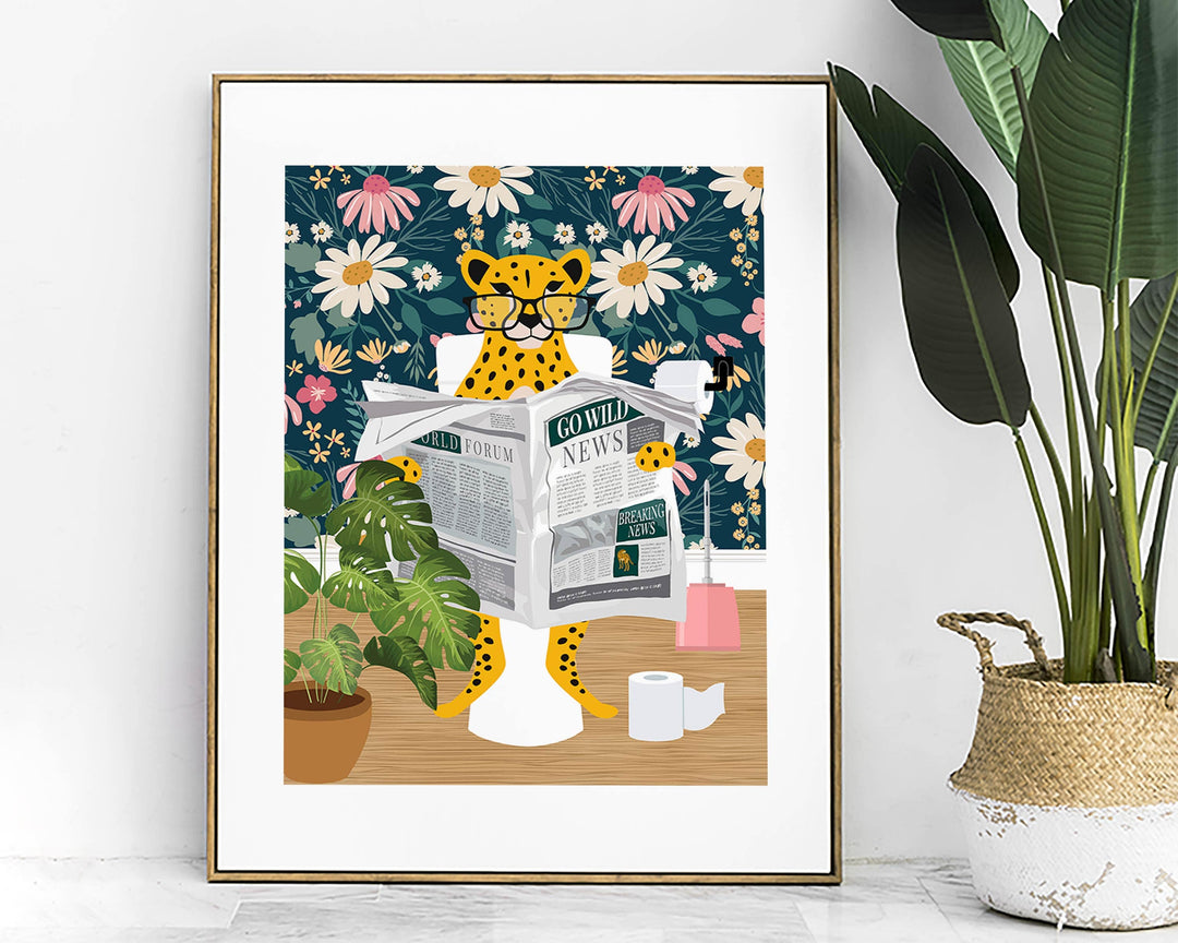 Cheetah on Toilet Print, Animal on Toilet Fun Bathroom Wall Art, Pink Daisy Flower Botanical Bathroom Humour Print, Animal Reading Newspaper