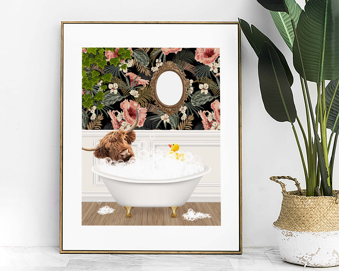 Scottish Highland Cow in Bath Print, Colourful Animal in Bathtub Art, Vintage Bathroom Decor, Funny Bathroom Print, Whimsical Animal Art