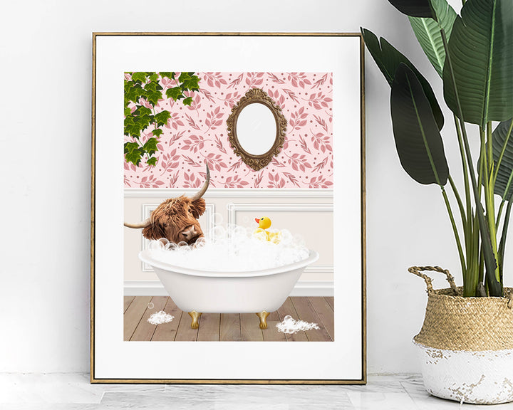 Scottish Highland Cow in Bathtub Print, Colourful Animal in Bath Art, Vintage Bathroom Decor, Funny Bathroom Print, Whimsical Animal Art