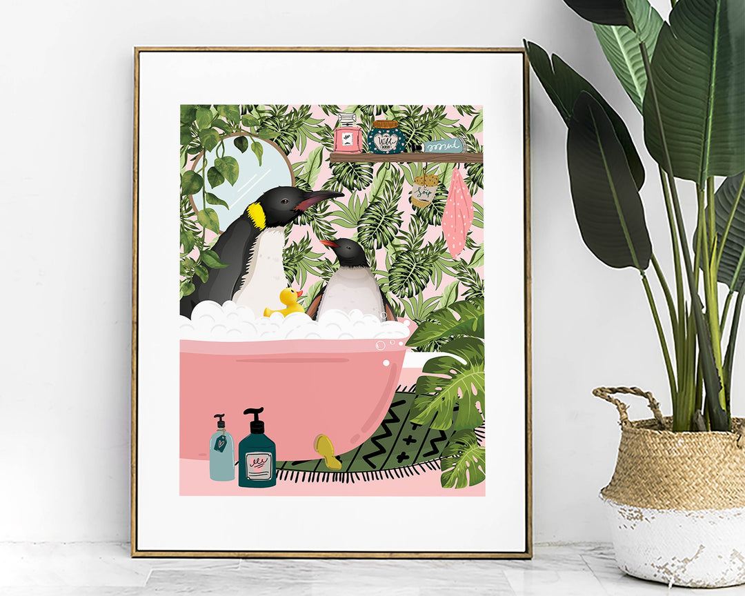 Penguin Bathroom Wall Art, Funny Animal Bathroom Print, Toilet Art Decor, Kids Bathroom Decor, Maximalist Wall Art, Tropical Bathroom Poster