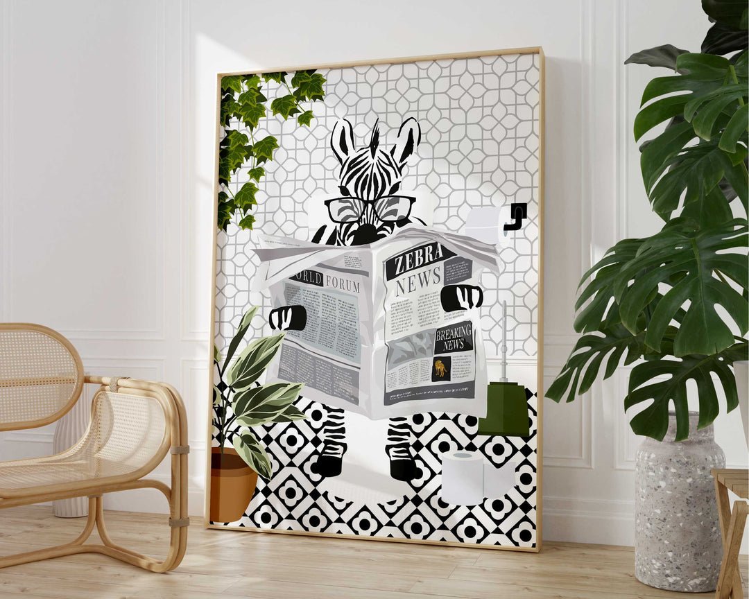 Zebra on Toilet Monochrome Bathroom Print, Animal on Toilet Cloakroom Wall Art, Botanical Black And White Bathroom Decor, Fun Nursery Print