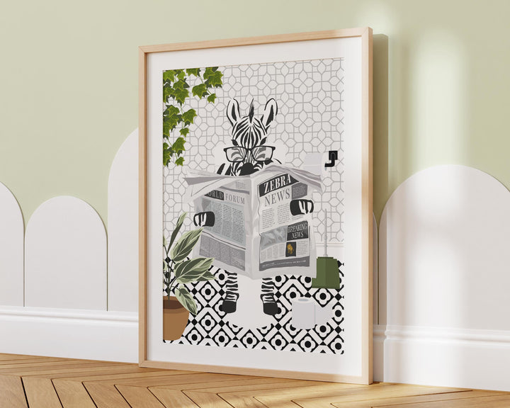 Zebra on Toilet Monochrome Bathroom Print, Animal on Toilet Cloakroom Wall Art, Botanical Black And White Bathroom Decor, Fun Nursery Print