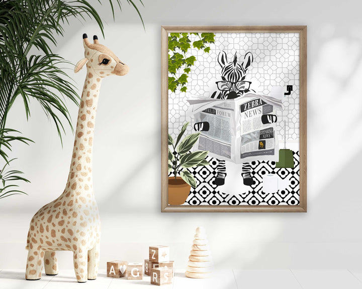 Zebra on Toilet Monochrome Bathroom Print, Animal on Toilet Cloakroom Wall Art, Botanical Black And White Bathroom Decor, Fun Nursery Print