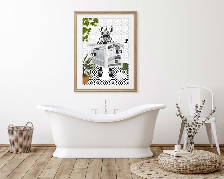 Zebra on Toilet Monochrome Bathroom Print, Animal on Toilet Cloakroom Wall Art, Botanical Black And White Bathroom Decor, Fun Nursery Print