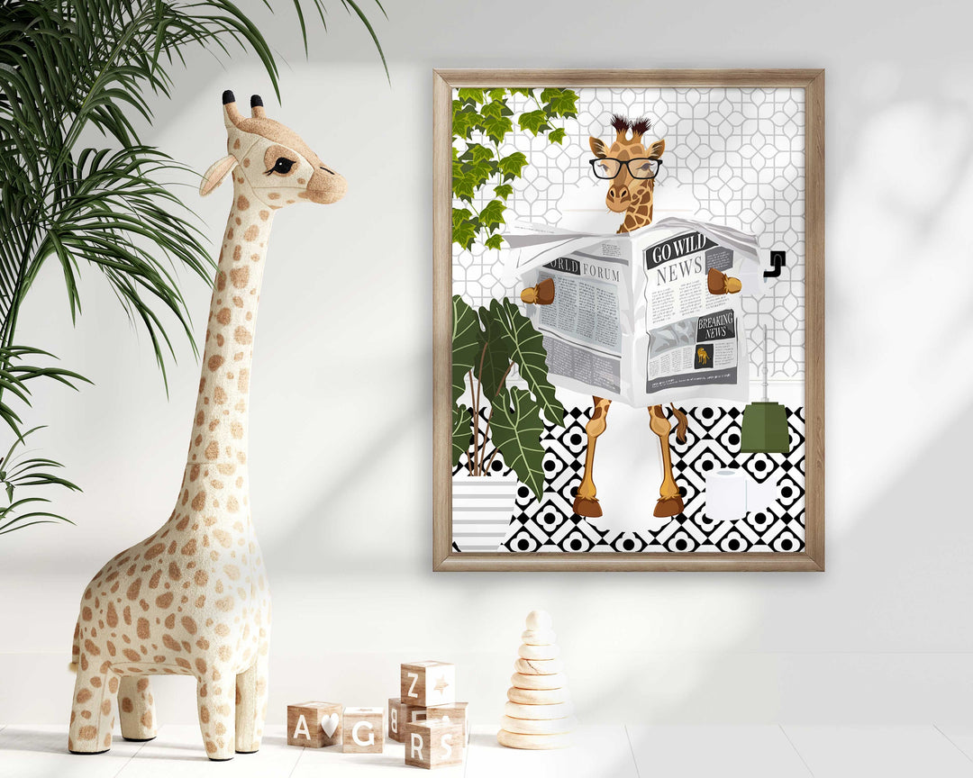 Giraffe Black And White Bathroom Wall Art, Funny Animal Bathroom Prints, Toilet Art, Bathroom Decor, Maximalist Wall Art, Bathroom Poster