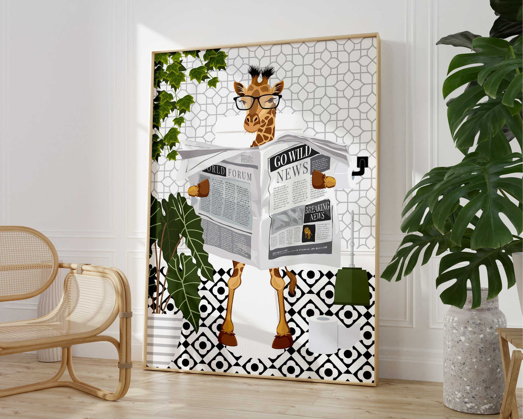 Giraffe Black And White Bathroom Wall Art, Funny Animal Bathroom Prints, Toilet Art, Bathroom Decor, Maximalist Wall Art, Bathroom Poster