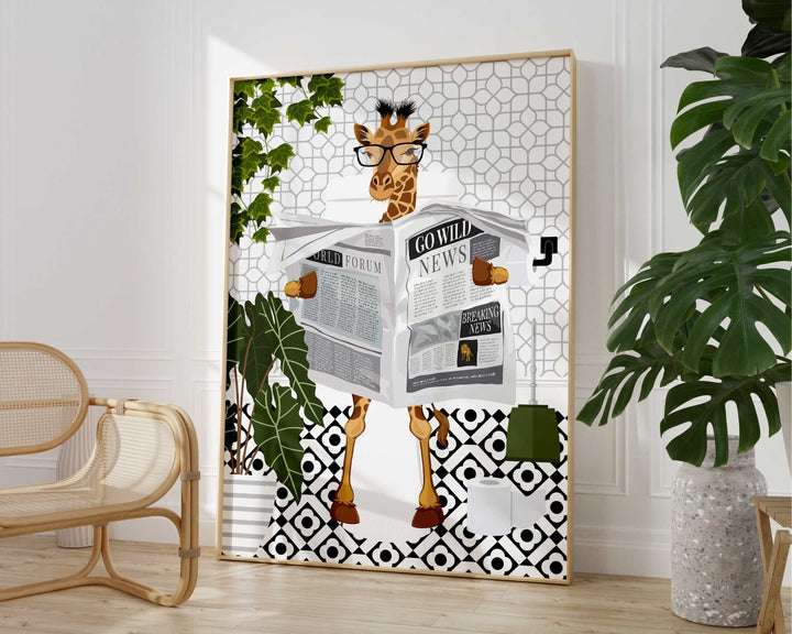 Giraffe Black And White Bathroom Wall Art, Funny Animal Bathroom Prints, Toilet Art, Bathroom Decor, Maximalist Wall Art, Bathroom Poster