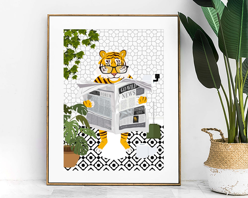 Tiger Black And White Bathroom Wall Art, Funny Animal Bathroom Prints, Toilet Art, Kids Bathroom Decor, Maximalist Wall Art, Bathroom Poster