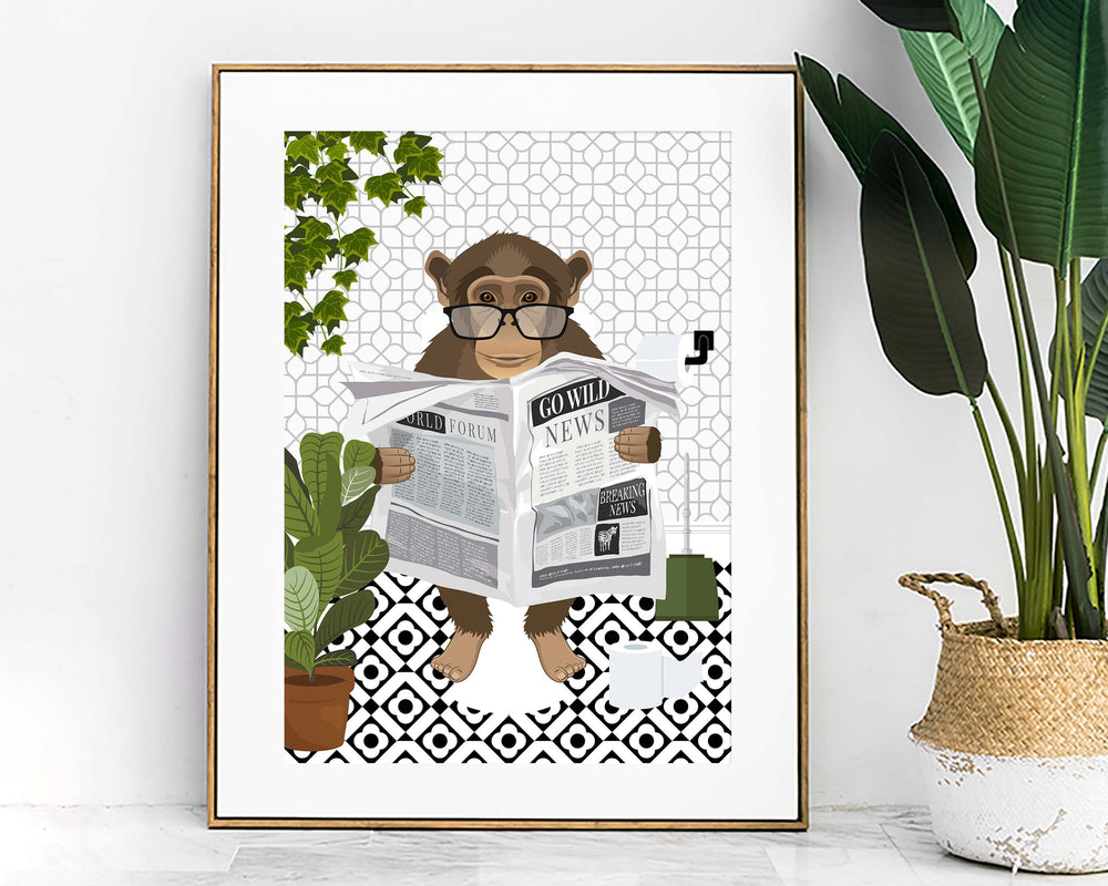 Monkey on Toilet Monochrome Bathroom Print, Animal on Toilet Cloakroom Wall Art, Botanical Black And White Bathroom Decor, Fun Nursery Print