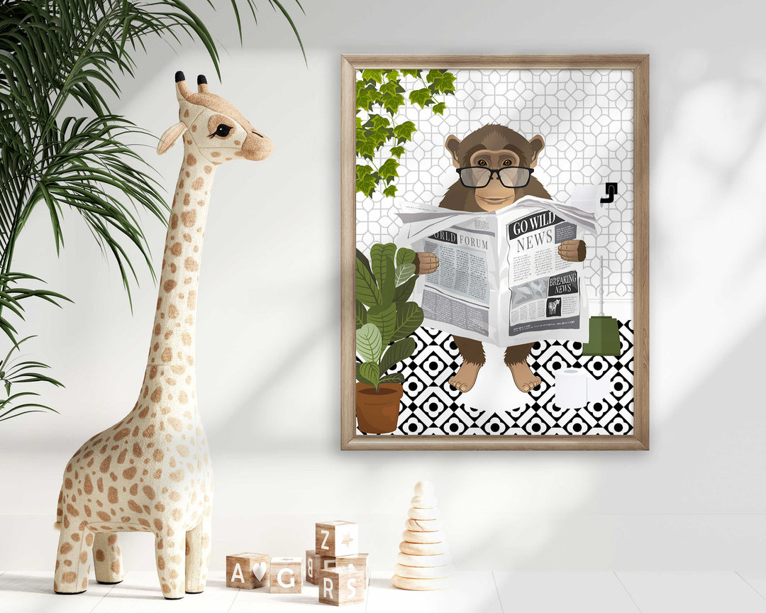 Monkey on Toilet Monochrome Bathroom Print, Animal on Toilet Cloakroom Wall Art, Botanical Black And White Bathroom Decor, Fun Nursery Print