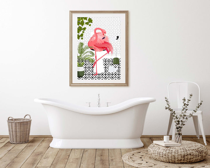 Flamingo Black And White Bathroom Wall Art, Funny Animal Bathroom Prints, Toilet Art, Bathroom Decor, Maximalist Wall Art, Bathroom Poster