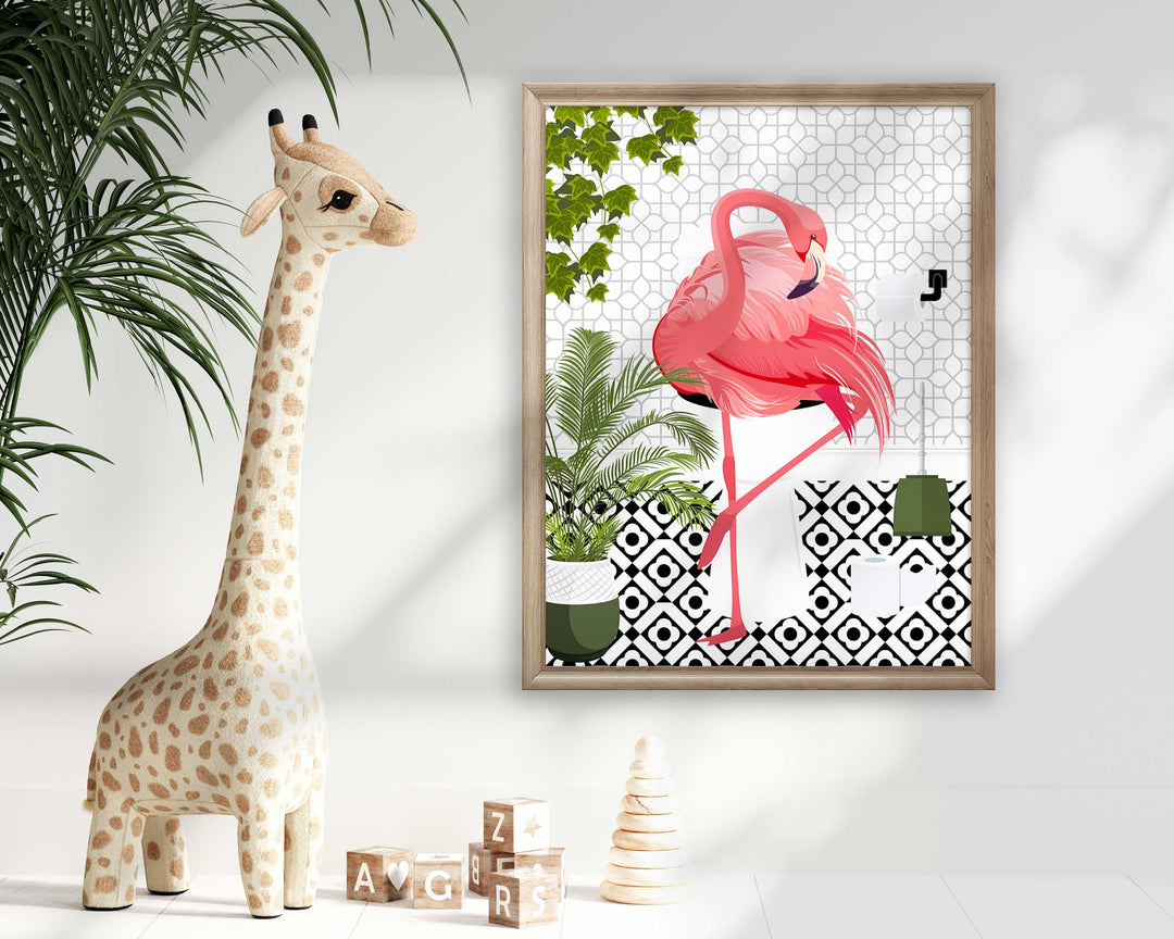 Flamingo Black And White Bathroom Wall Art, Funny Animal Bathroom Prints, Toilet Art, Bathroom Decor, Maximalist Wall Art, Bathroom Poster