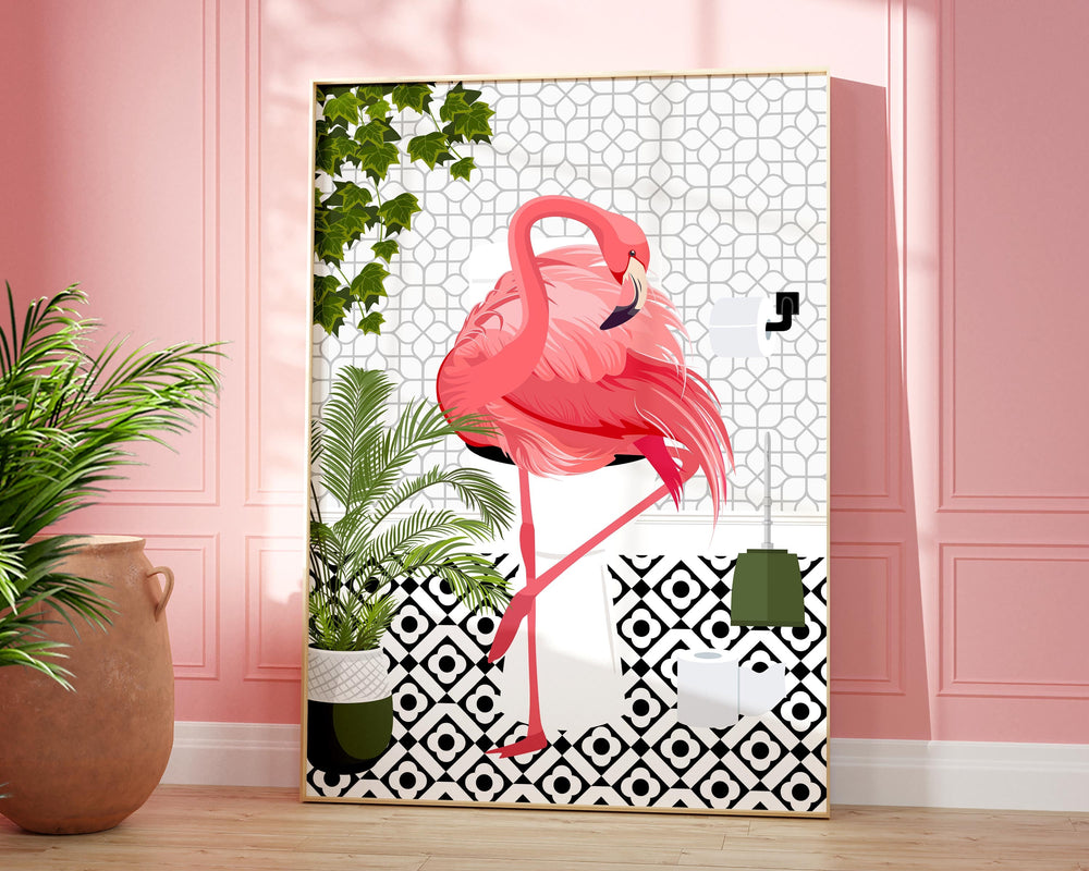 Flamingo Black And White Bathroom Wall Art, Funny Animal Bathroom Prints, Toilet Art, Bathroom Decor, Maximalist Wall Art, Bathroom Poster