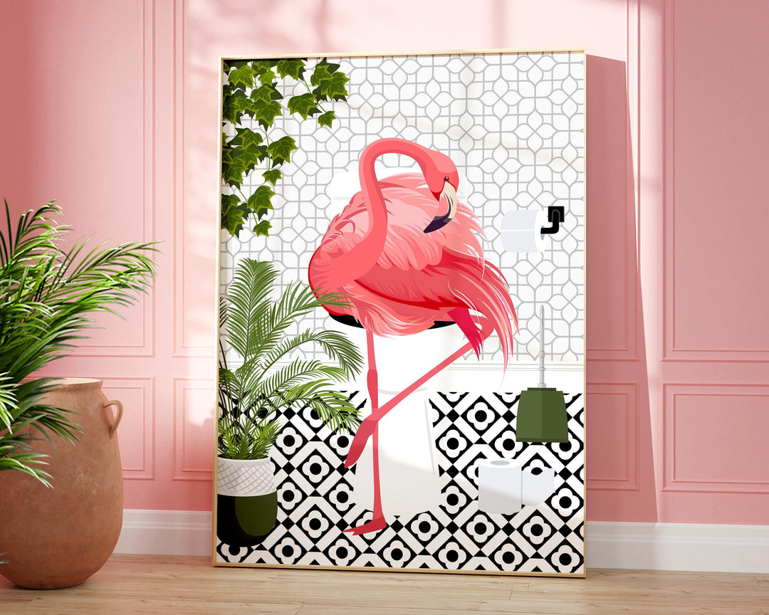 Flamingo Black And White Bathroom Wall Art, Funny Animal Bathroom Prints, Toilet Art, Bathroom Decor, Maximalist Wall Art, Bathroom Poster