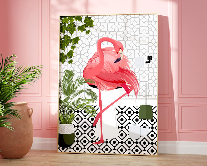 Flamingo Black And White Bathroom Wall Art, Funny Animal Bathroom Prints, Toilet Art, Bathroom Decor, Maximalist Wall Art, Bathroom Poster