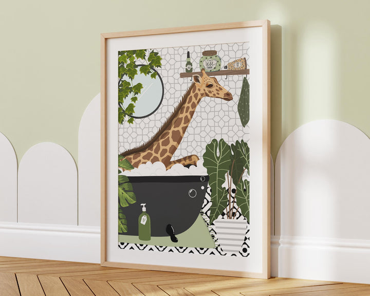 Giraffe in Bathtub Monochrome Fun Bathroom Print, Animal in Bath Botanical Bathroom Wall Art, Black And White Nursery Print, Playroom Decor
