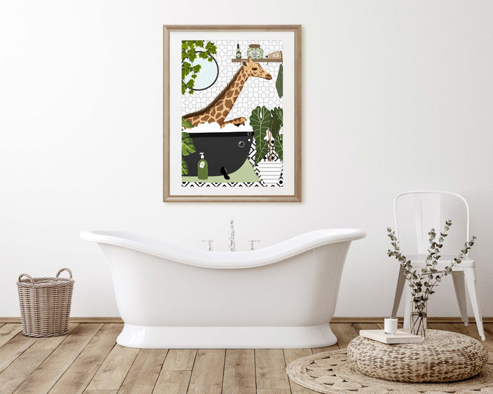 Giraffe in Bathtub Monochrome Fun Bathroom Print, Animal in Bath Botanical Bathroom Wall Art, Black And White Nursery Print, Playroom Decor