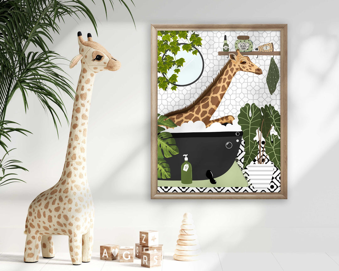 Giraffe in Bathtub Monochrome Fun Bathroom Print, Animal in Bath Botanical Bathroom Wall Art, Black And White Nursery Print, Playroom Decor