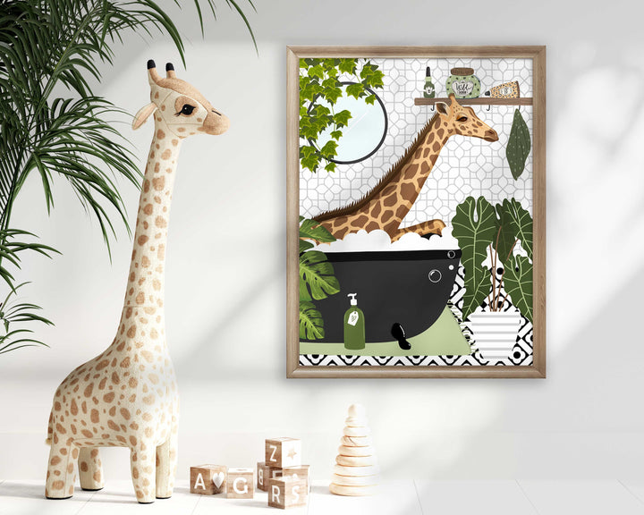Giraffe in Bathtub Monochrome Fun Bathroom Print, Animal in Bath Botanical Bathroom Wall Art, Black And White Nursery Print, Playroom Decor
