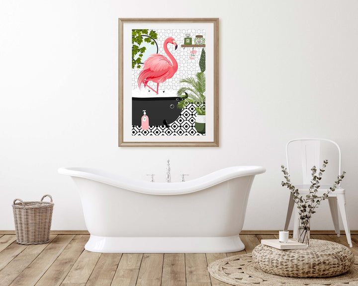 Flamingo in Bathtub Monochrome Bathroom Print, Animal in Bath Botanical Fun Bathroom Wall Art, Black And White Nursery Print, Playroom Decor