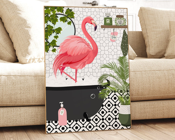 Flamingo in Bathtub Monochrome Bathroom Print, Animal in Bath Botanical Fun Bathroom Wall Art, Black And White Nursery Print, Playroom Decor