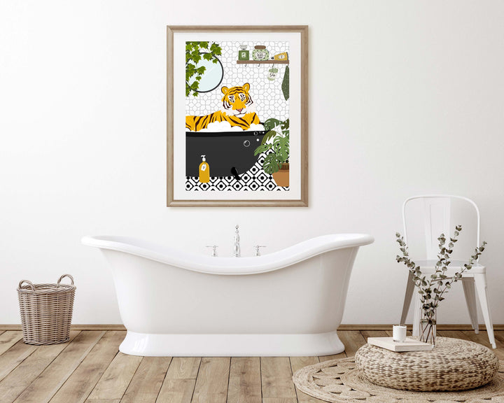 Tiger in Bathtub Monochrome Bathroom Print, Animal in Bath Botanical Trendy Bathroom Wall Art, Black And White Nursery Print, Playroom Decor
