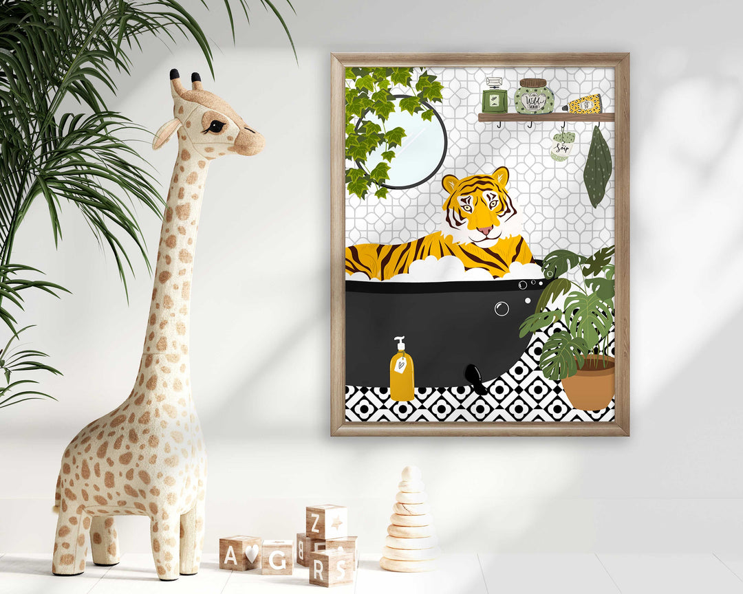 Tiger in Bathtub Monochrome Bathroom Print, Animal in Bath Botanical Trendy Bathroom Wall Art, Black And White Nursery Print, Playroom Decor