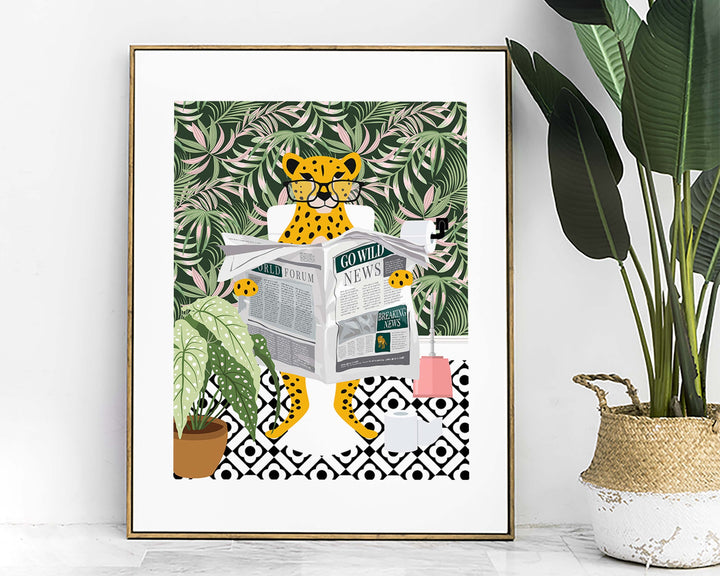 Cheetah Bathroom Wall Art, Funny Animal Bathroom Print, Toilet Art Decor, Kids Bathroom Decor, Maximalist Wall Art, Tropical Bathroom Poster