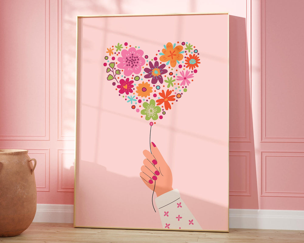 Pink Love Heart Flower Balloon Trendy Print, Hand Holding Flowers Colourful Retro Wall Art, Pink Girly Floral Bedroom Decor, Gift For Her