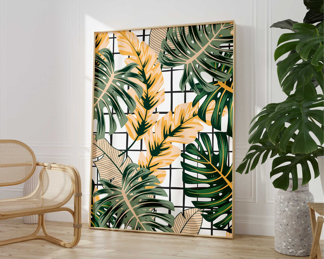 Abstract Tropical Leaves Wall Art, Pink Rainforest Botanical Print, Monstera Leaf House Plant Bathroom Decor, Above Bed Gallery Wall Art